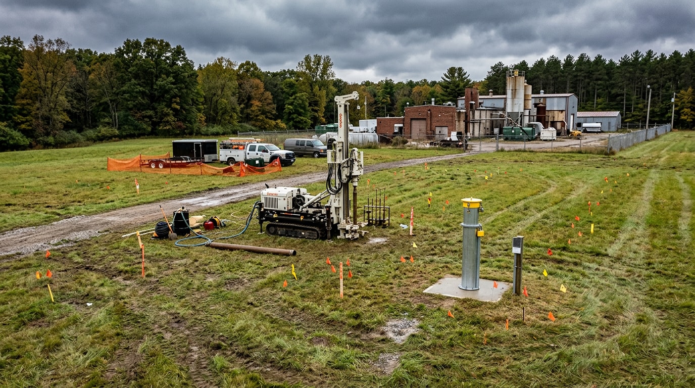 Environmental remediation jobsite with groundwater monitoring well and soil sampling equipment in Livingston County, Michigan Environmental remediation jobsite with groundwater monitoring well and soil sampling equipment in Livingston County, Michigan
