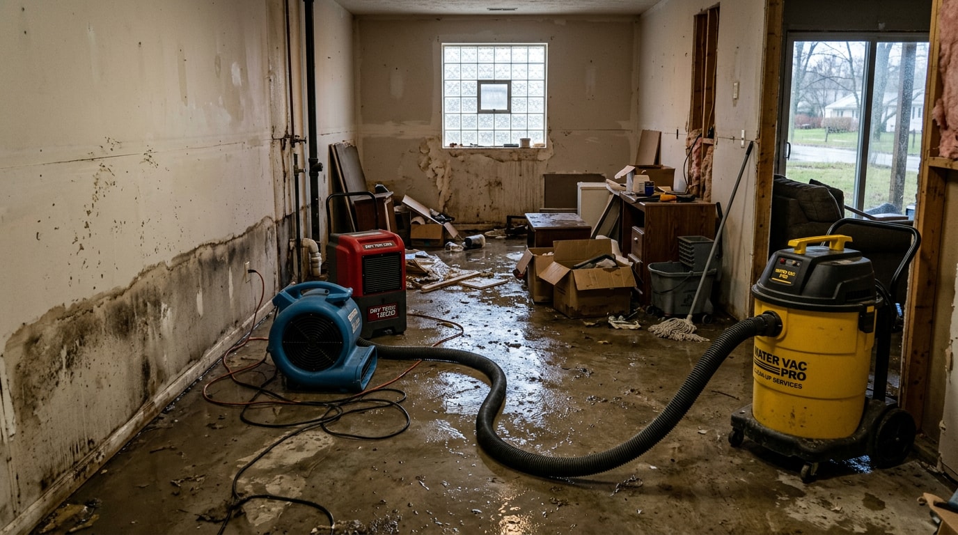 Flooded basement during professional flood clean up in Genesee County Michigan Flooded basement during professional flood clean up in Genesee County Michigan