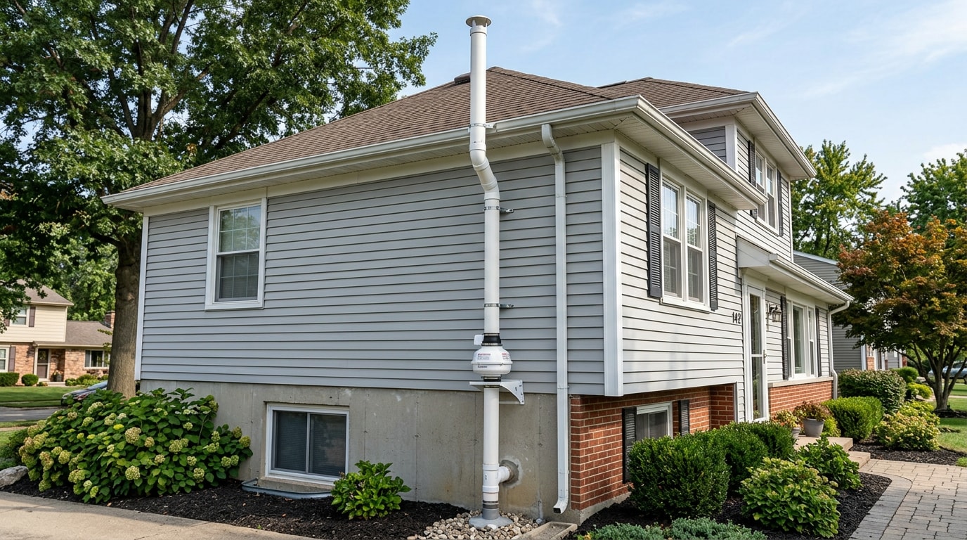 Radon mitigation pipe and fan installed on the exterior wall of a Michigan home Radon mitigation pipe and fan installed on the exterior wall of a Michigan home