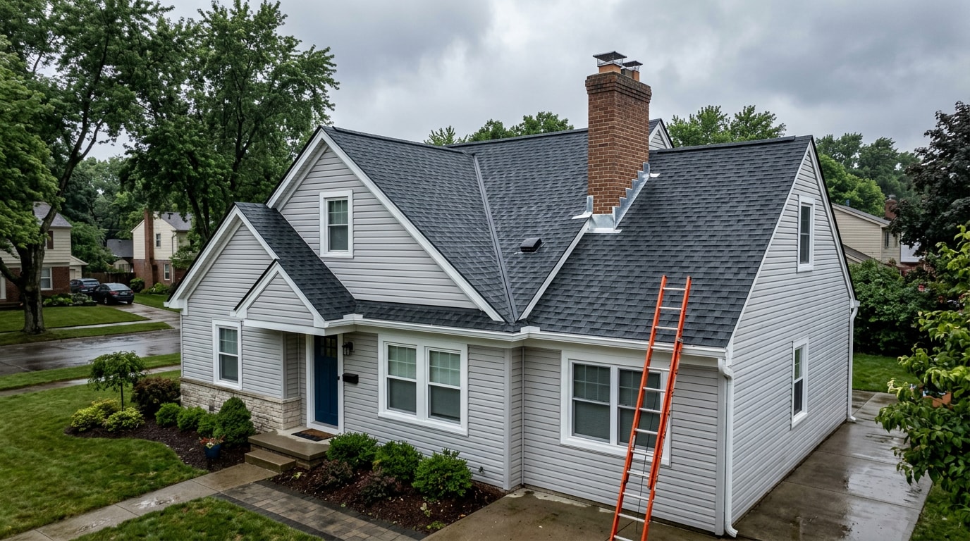 Freshly restored residential roof after storm damage repair in Wayne County Freshly restored residential roof after storm damage repair in Wayne County