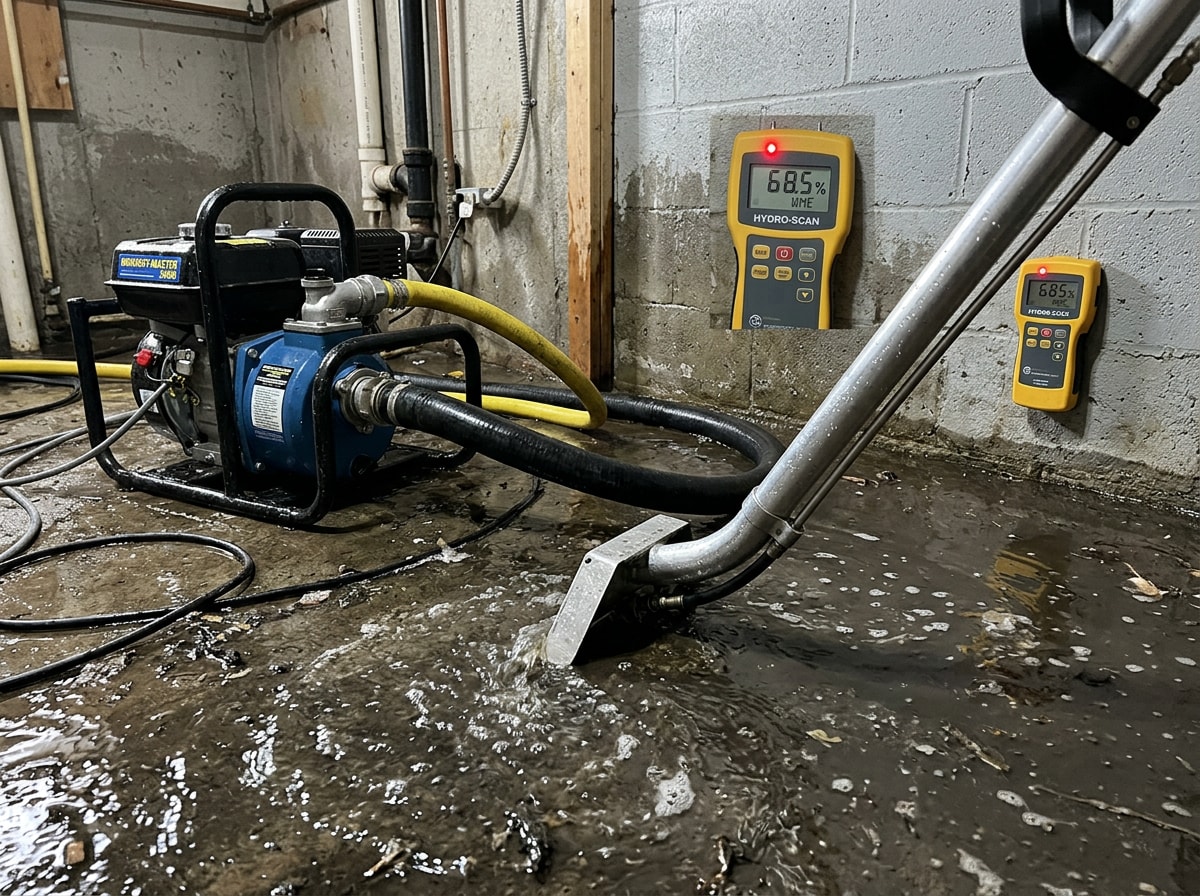 Technician using professional water extraction and structural drying equipment after a sewer backup in a Genesee County basement