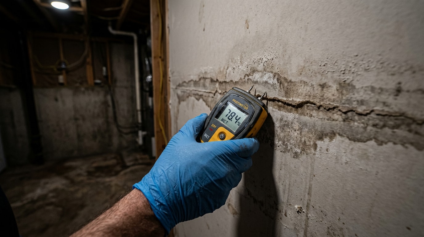 Moisture meter reading water damage on a basement wall during a professional inspection Moisture meter reading water damage on a basement wall during a professional inspection