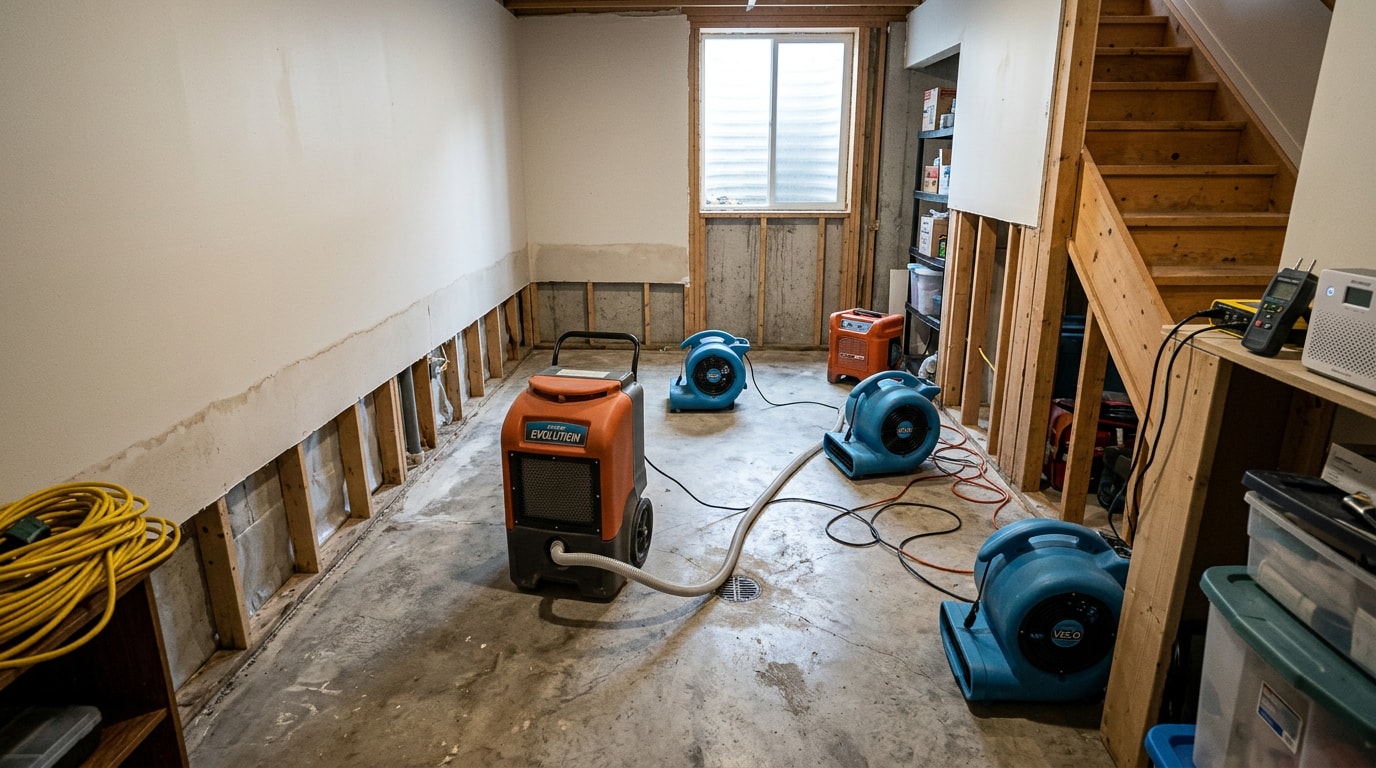 Basement water damage drying in progress with professional air movers and dehumidifier Basement water damage drying in progress with professional air movers and dehumidifier