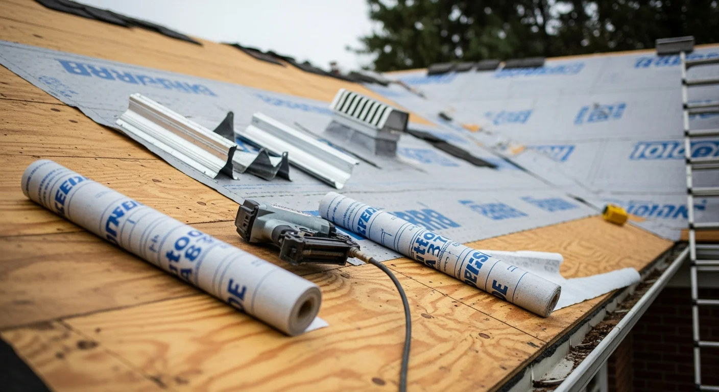 Roof replacement in progress on an Oakland County home Roof replacement in progress on an Oakland County home